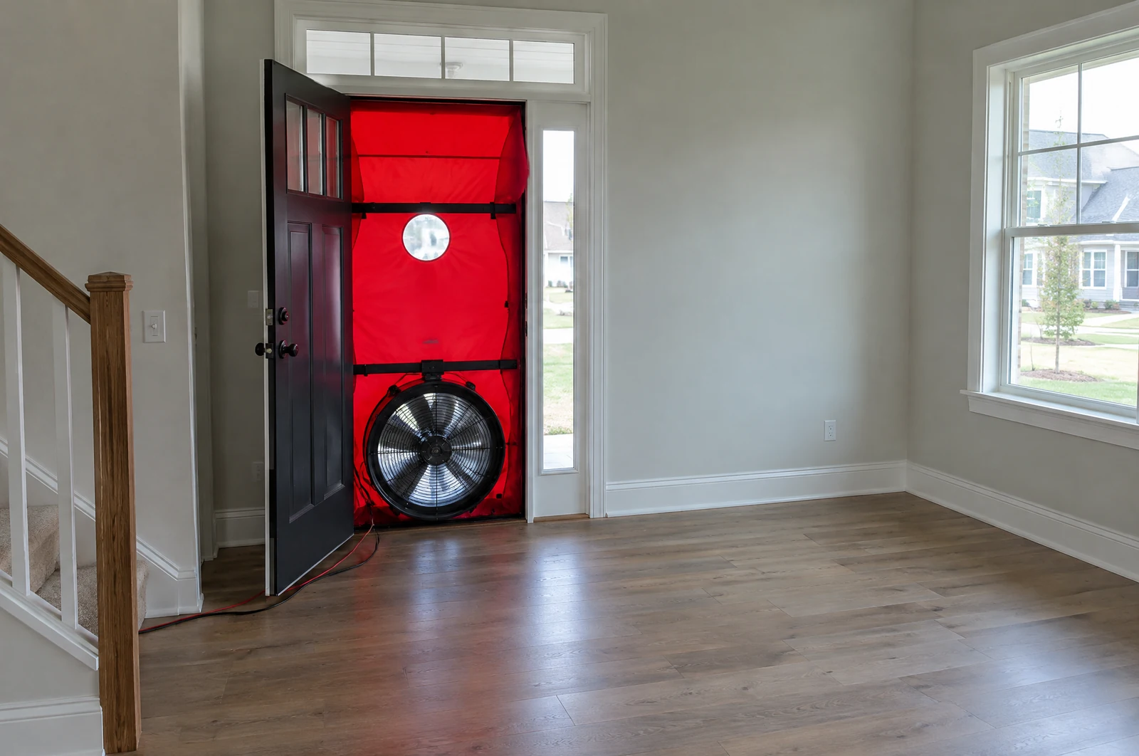 Blower door fan set in a red panel across the front doorway of a new house