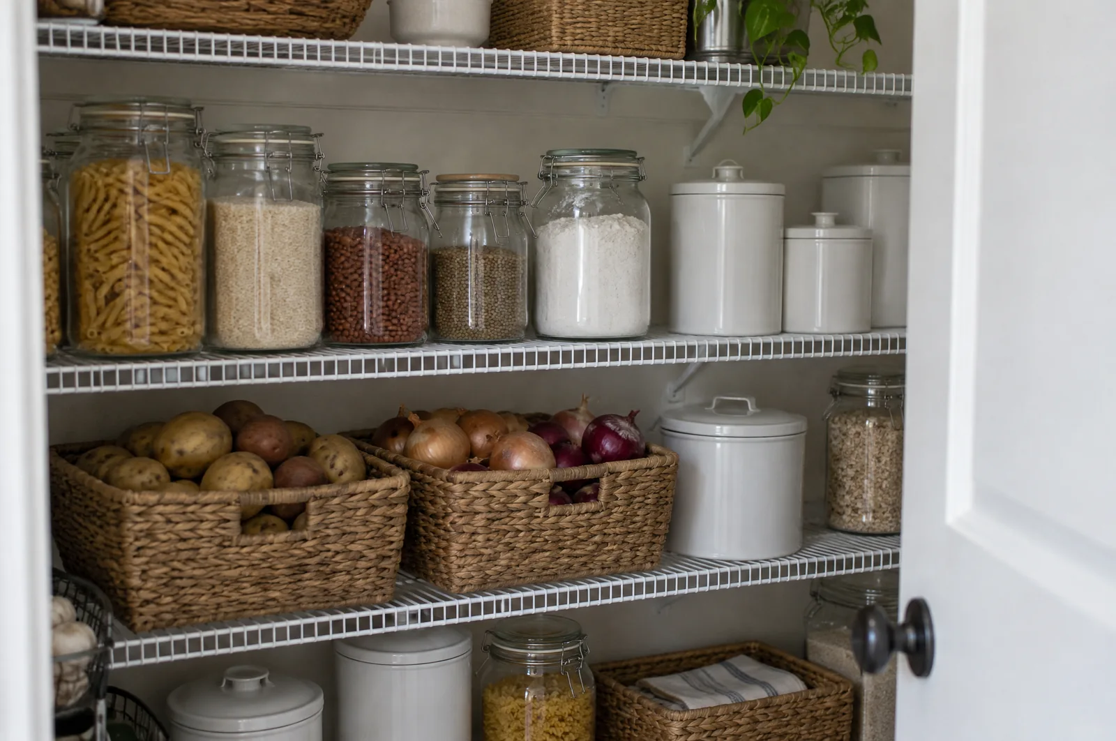 Pantry with wire shelves holding glass jars, canisters and baskets